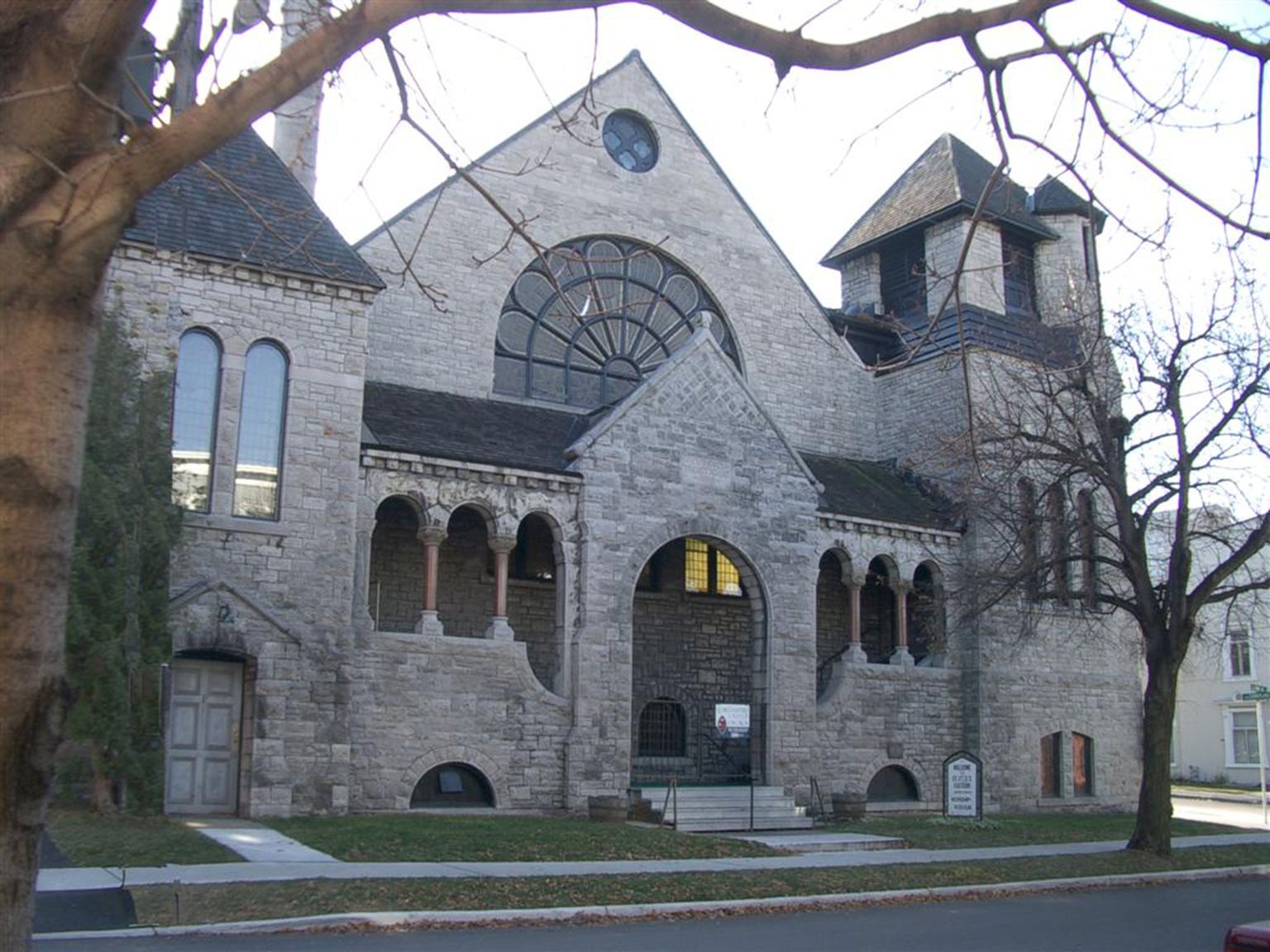 Exterior view of a church built in Romanesque Revival style between 1888 and 1889,